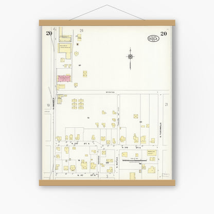 Old map wall art mockup — magnetic wood frame on white wall — Sanborn Fire Insurance Map from Ocala, Marion County, Florida (1924), Sheet #0020