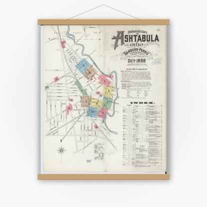 Old map wall art mockup — magnetic wood frame on white wall — Sanborn Fire Insurance Map from Ashtabula, Ashtabula County, Ohio (1898) - Complete Map Set