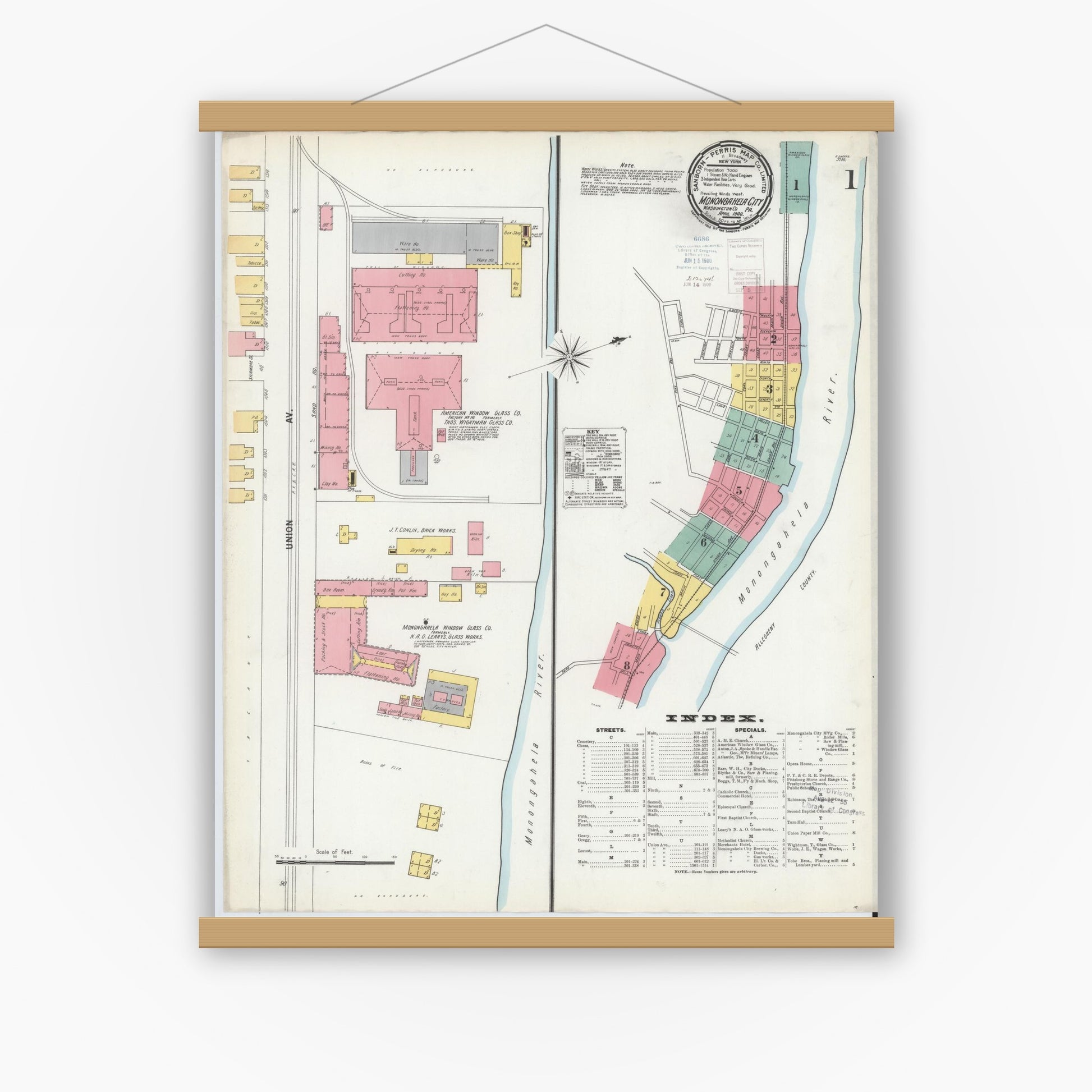 Old map wall art mockup — magnetic wood frame on white wall — Sanborn Fire Insurance Map from Monongahela City, Washington County, Pennsylvania (1900) - Complete Map Set