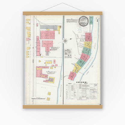 Old map wall art mockup — magnetic wood frame on white wall — Sanborn Fire Insurance Map from Monongahela City, Washington County, Pennsylvania (1900) - Complete Map Set
