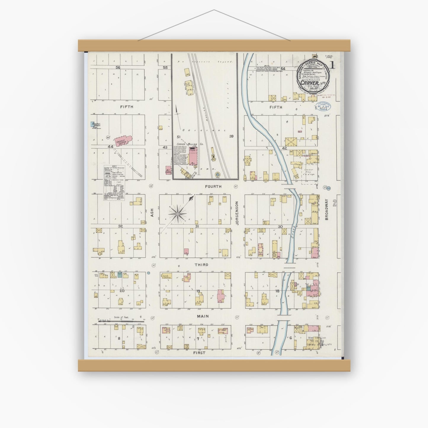 Old map wall art mockup — magnetic wood frame on white wall — Sanborn Fire Insurance Map from Carver, Carver County, Minnesota (1894), Sheet #0001