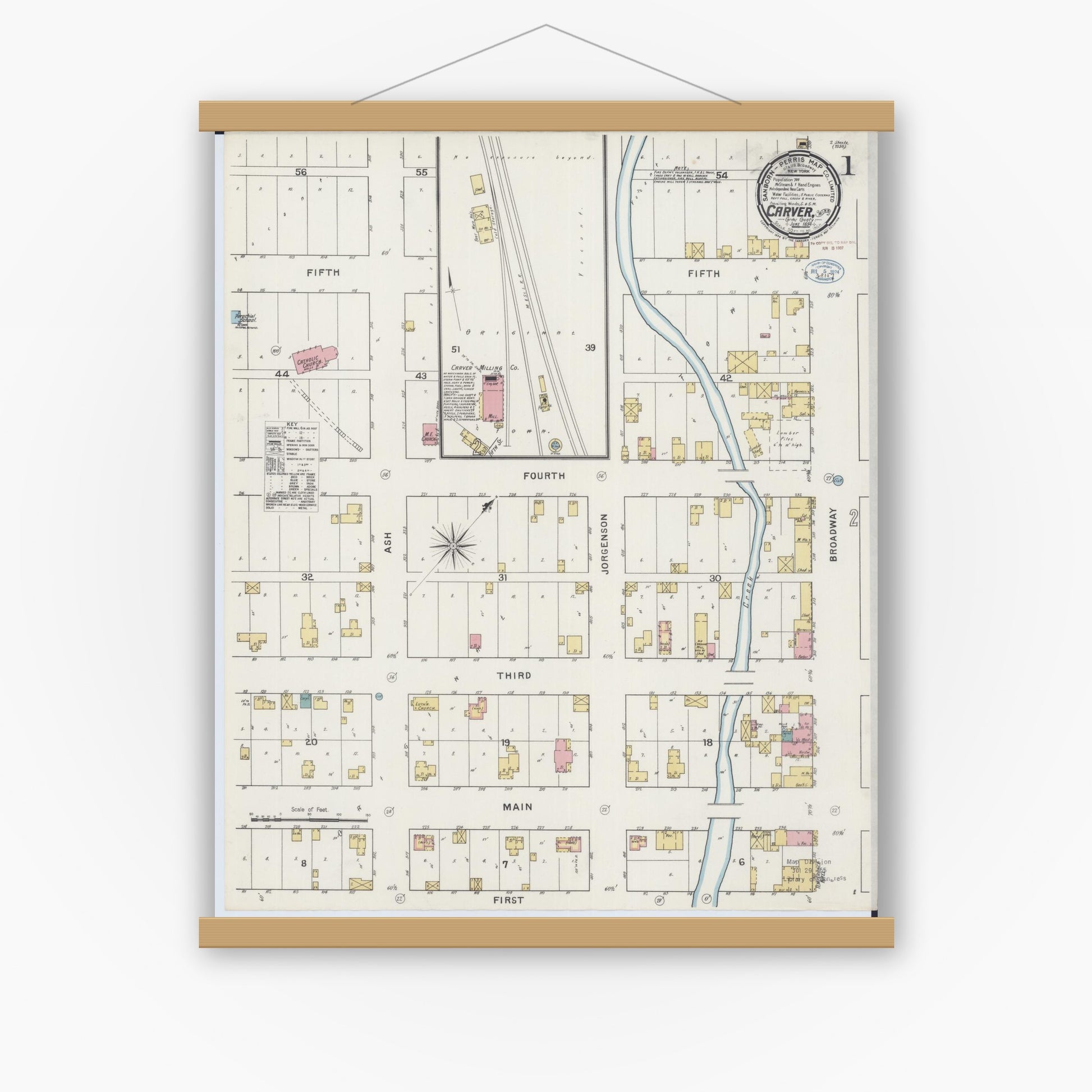 Old map wall art mockup — magnetic wood frame on white wall — Sanborn Fire Insurance Map from Carver, Carver County, Minnesota (1894), Sheet #0001