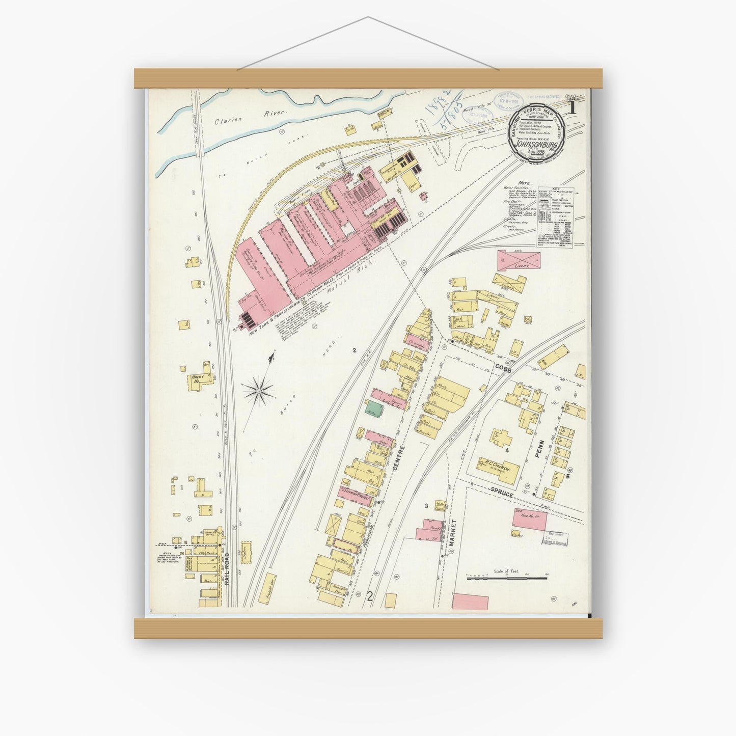 Old map wall art mockup — magnetic wood frame on white wall — Sanborn Fire Insurance Map from Johnsonburg, Elk County, Pennsylvania (1898), Sheet #0001