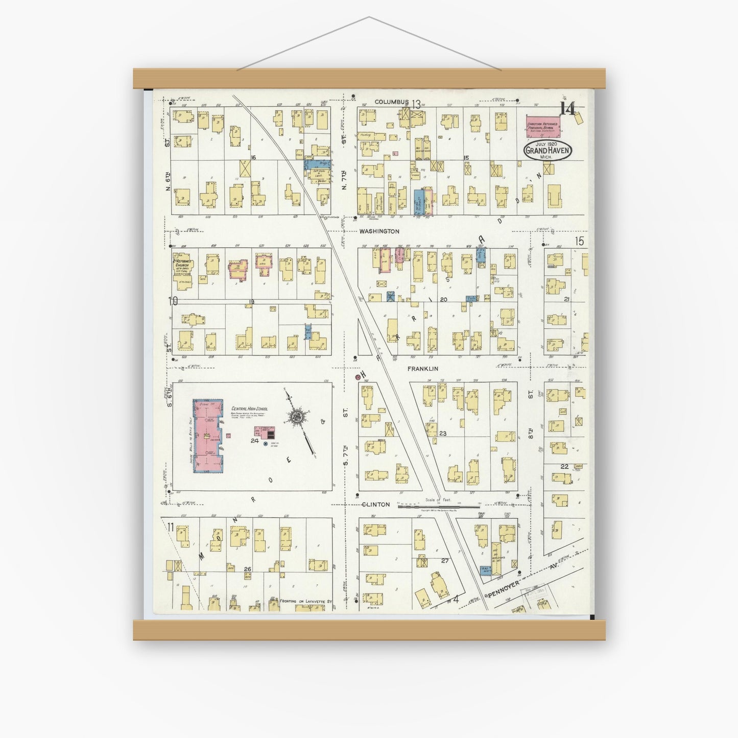 Old map wall art mockup — magnetic wood frame on white wall — Sanborn Fire Insurance Map from Grand Haven, Ottawa County, Michigan (1920), Sheet #0014