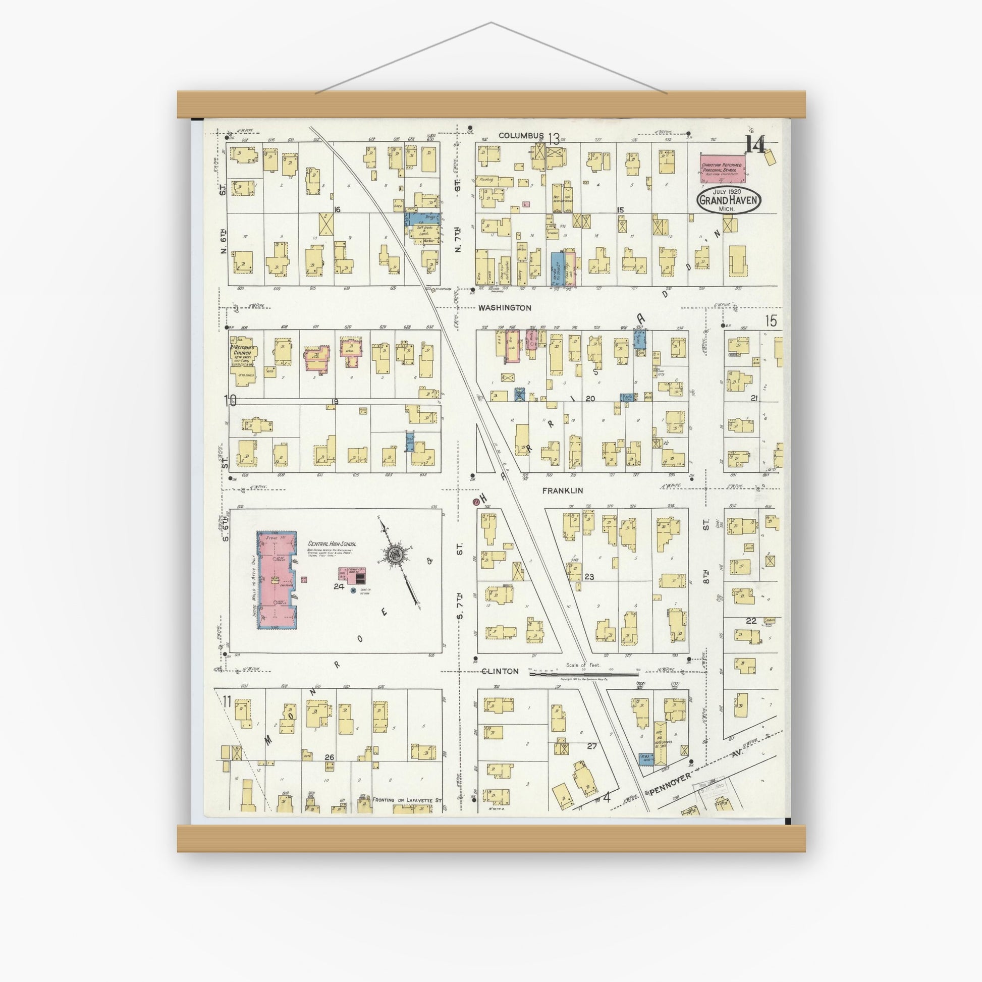 Old map wall art mockup — magnetic wood frame on white wall — Sanborn Fire Insurance Map from Grand Haven, Ottawa County, Michigan (1920), Sheet #0014
