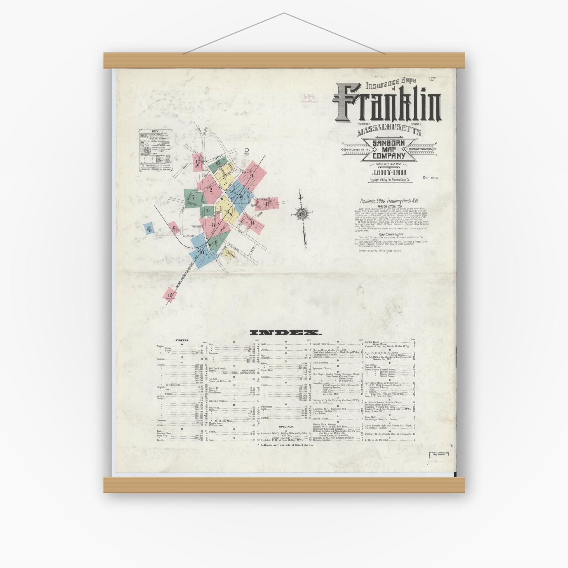 Old map wall art mockup — magnetic wood frame on white wall — Sanborn Fire Insurance Map from Franklin, Norfolk County, Massachusetts (1911), Sheet #0001
