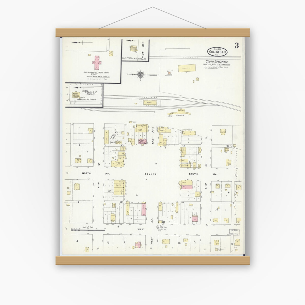 Old map wall art mockup — magnetic wood frame on white wall — Sanborn Fire Insurance Map from Greenfield, Dade County, Missouri (1910), Sheet #0003