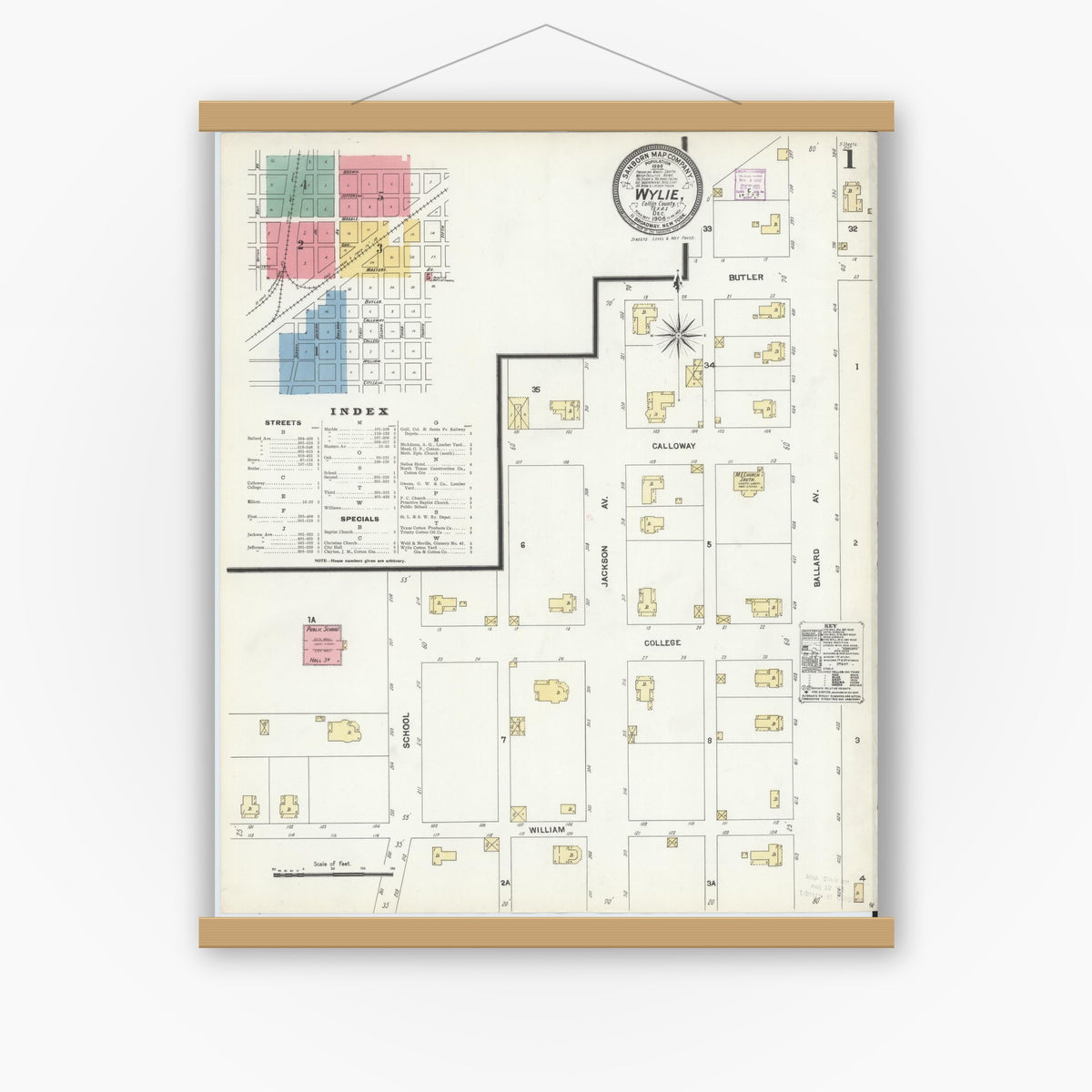 Old map wall art mockup — magnetic wood frame on white wall — Sanborn Fire Insurance Map from Wylie, Collin County, Texas (1906) - Complete Map Set