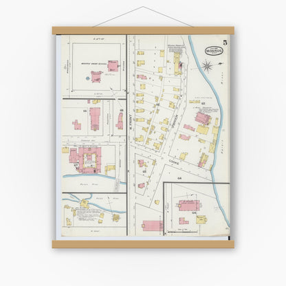 Old map wall art mockup — magnetic wood frame on white wall — Sanborn Fire Insurance Map from Monroe, Monroe County, Michigan (1893), Sheet #0005