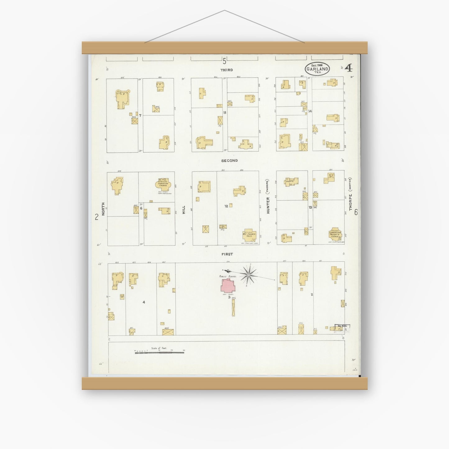 Old map wall art mockup — magnetic wood frame on white wall — Sanborn Fire Insurance Map from Garland, Dallas County, Texas (1906), Sheet #0004