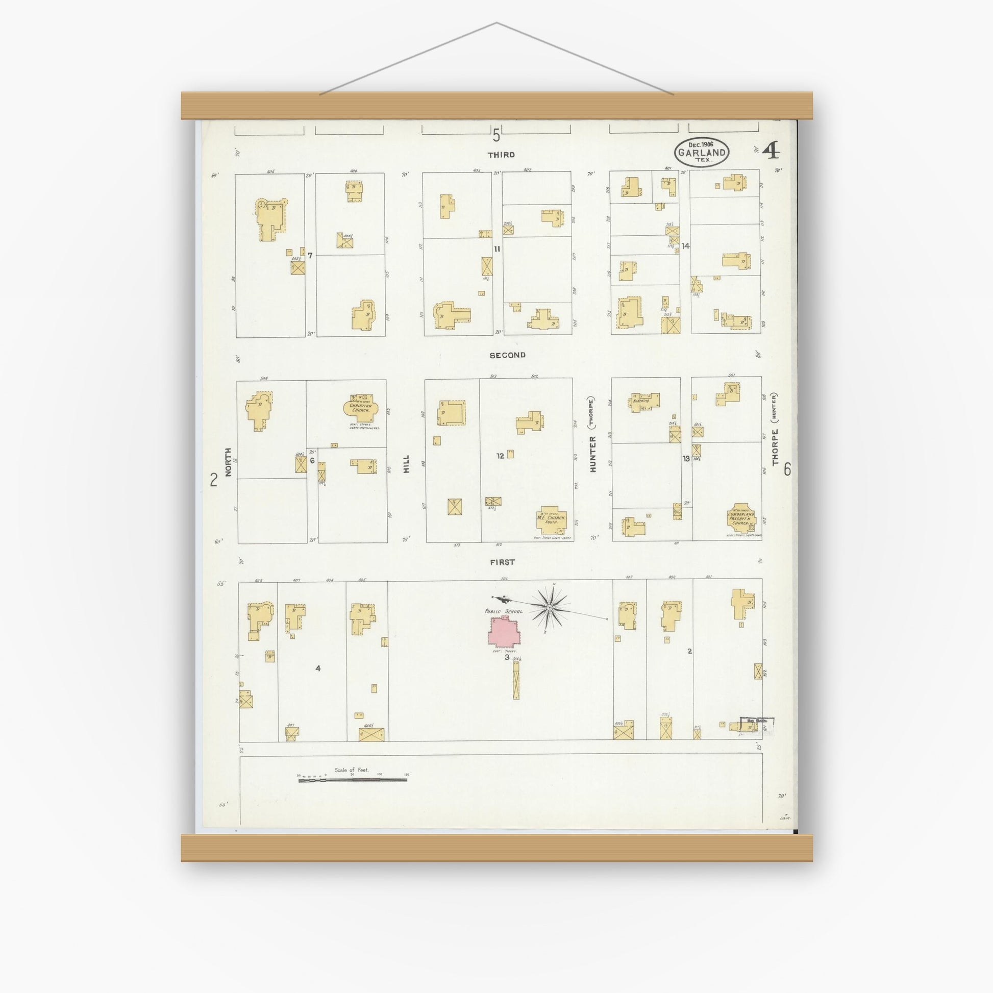 Old map wall art mockup — magnetic wood frame on white wall — Sanborn Fire Insurance Map from Garland, Dallas County, Texas (1906), Sheet #0004