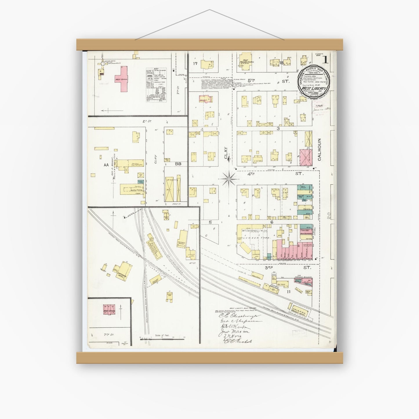 Old map wall art mockup — magnetic wood frame on white wall — Sanborn Fire Insurance Map from West Liberty, Muscatine County, Iowa (1893) â€” Complete Set
