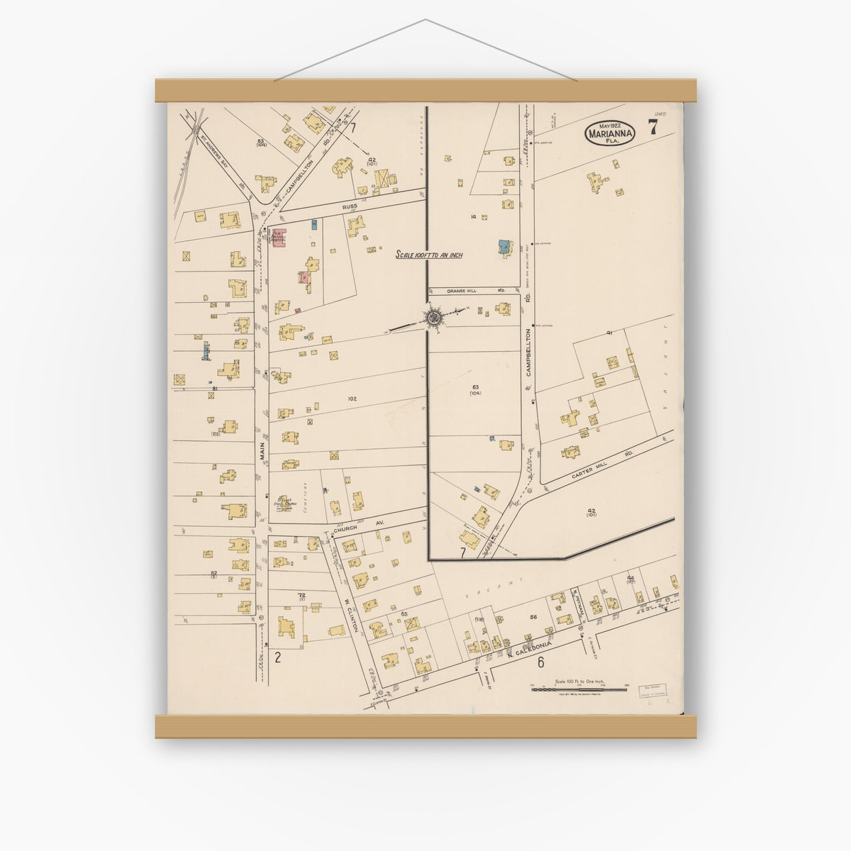 Old map wall art mockup — magnetic wood frame on white wall — Sanborn Fire Insurance Map from Marianna, Jackson County, Florida (1922), Sheet #0007