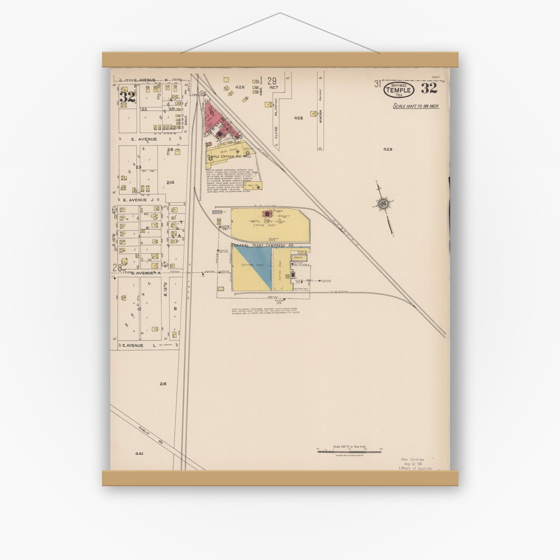 Old map wall art mockup — magnetic wood frame on white wall — Sanborn Fire Insurance Map from Temple, Bell County, Texas (1922), Sheet #0032
