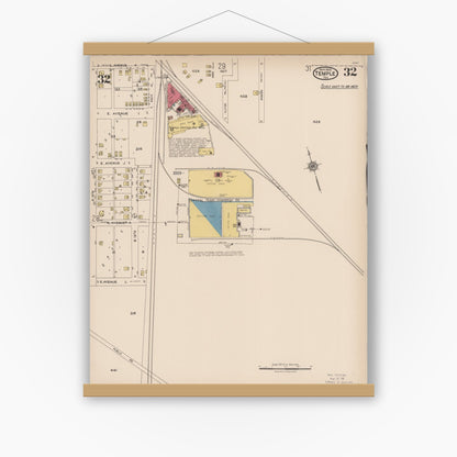Old map wall art mockup — magnetic wood frame on white wall — Sanborn Fire Insurance Map from Temple, Bell County, Texas (1922), Sheet #0032