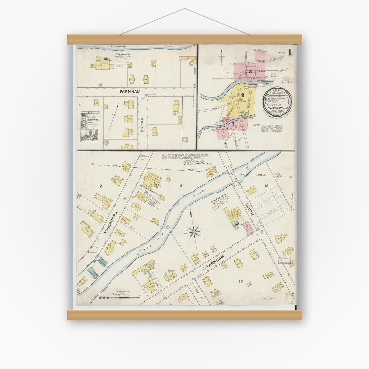 Old map wall art mockup — magnetic wood frame on white wall — Sanborn Fire Insurance Map from Addison, Steuben County, New York (1888), Sheet #0001