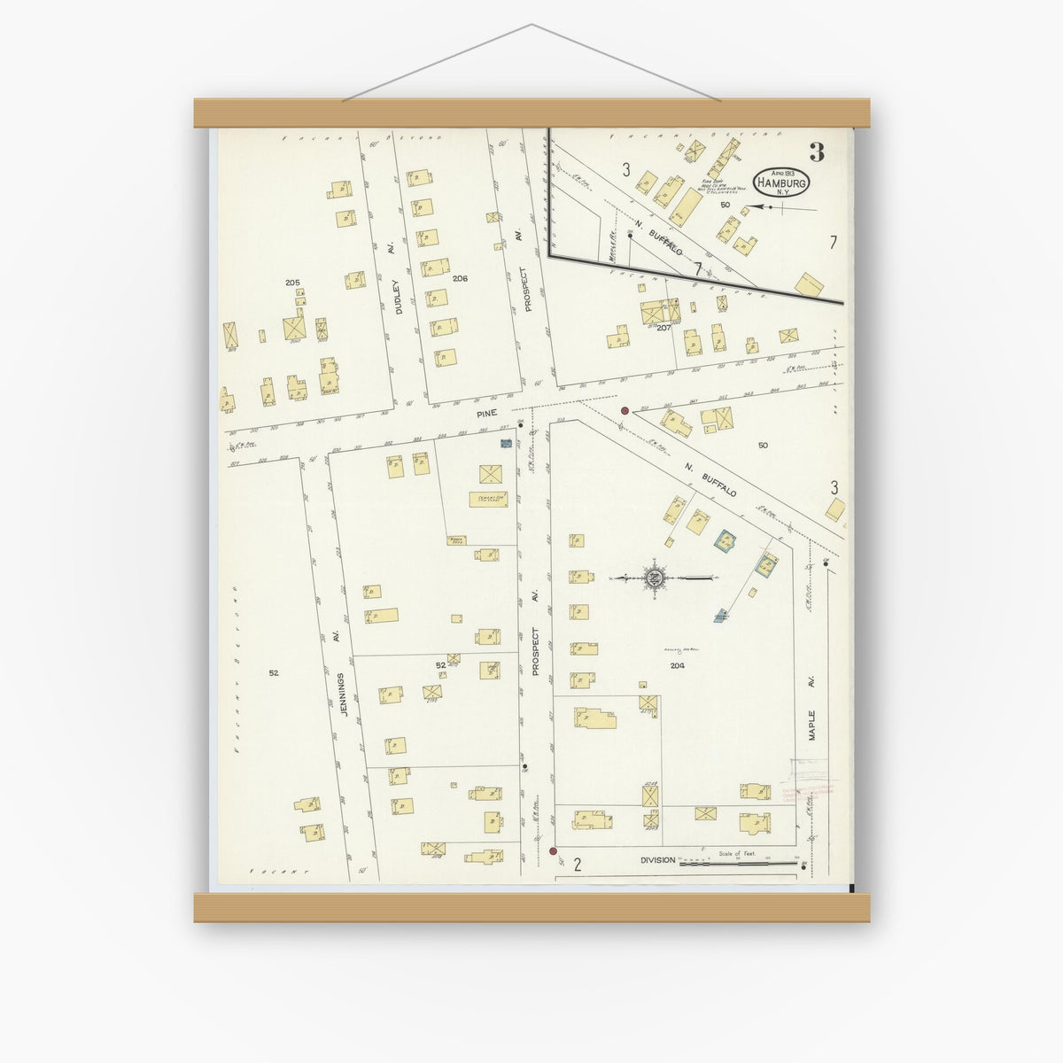 Old map wall art mockup — magnetic wood frame on white wall — Sanborn Fire Insurance Map from Hamburg, Erie County, New York (1913), Sheet #0003
