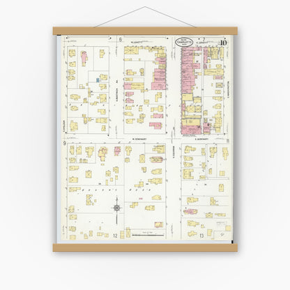 Old map wall art mockup — magnetic wood frame on white wall — Sanborn Fire Insurance Map from Charlotte, Eaton County, Michigan (1911), Sheet #0010