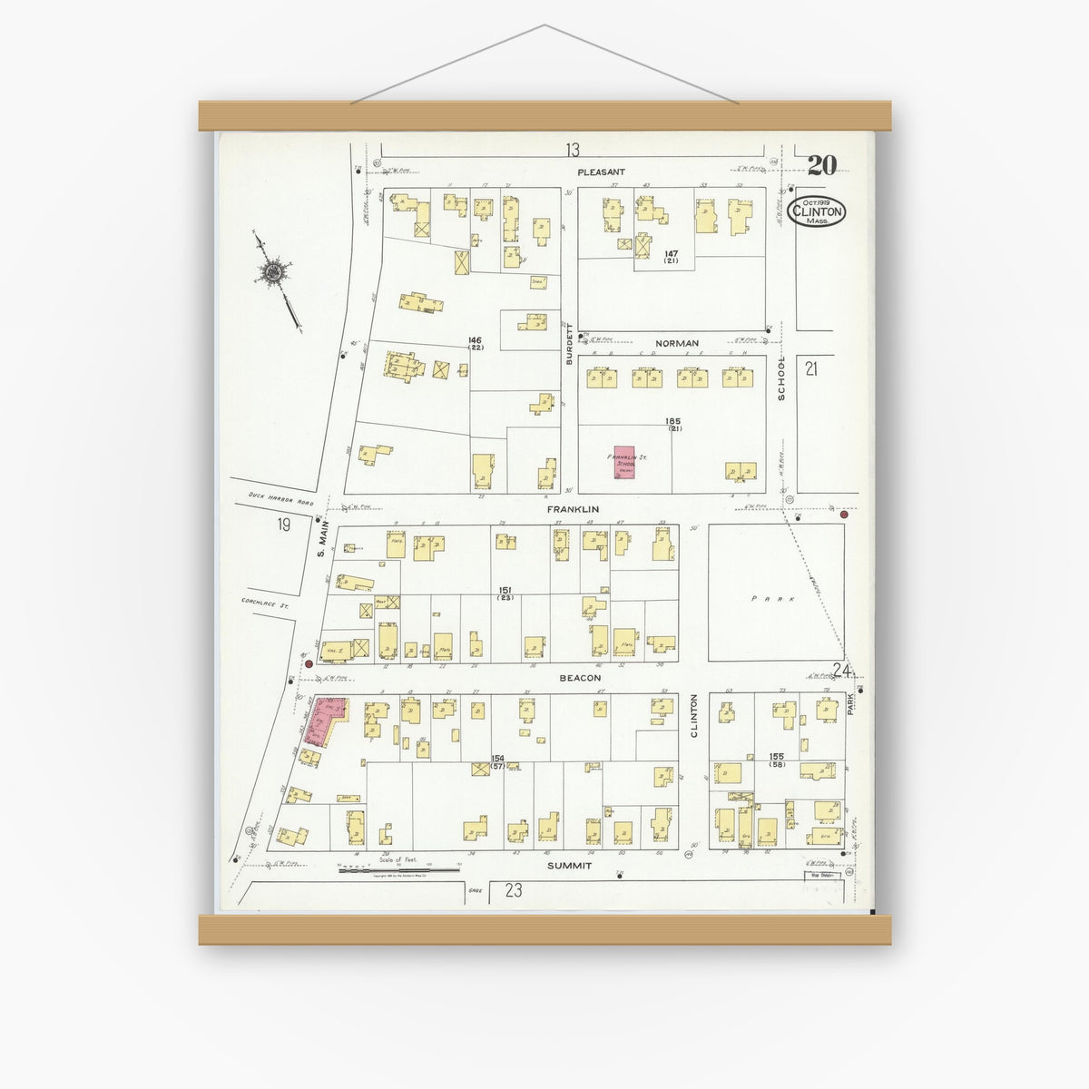 Old map wall art mockup — magnetic wood frame on white wall — Sanborn Fire Insurance Map from Clinton, Worcester County, Massachusetts (1919), Sheet #0020
