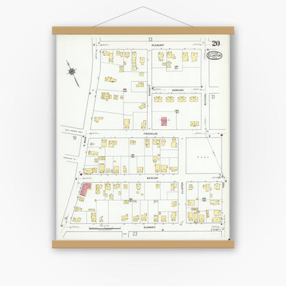 Old map wall art mockup — magnetic wood frame on white wall — Sanborn Fire Insurance Map from Clinton, Worcester County, Massachusetts (1919), Sheet #0020