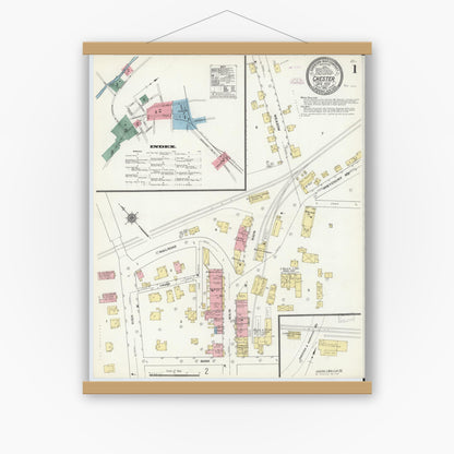Old map wall art mockup — magnetic wood frame on white wall — Sanborn Fire Insurance Map from Chester, Orange County, New York (1910), Sheet #0001