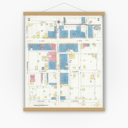 Old map wall art mockup — magnetic wood frame on white wall — Sanborn Fire Insurance Map from Winters, Runnels County, Texas (1925), Sheet #0002