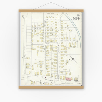 Old map wall art mockup — magnetic wood frame on white wall — Sanborn Fire Insurance Map from Arlington, Middlesex County, Massachusetts (1914), Sheet #0019