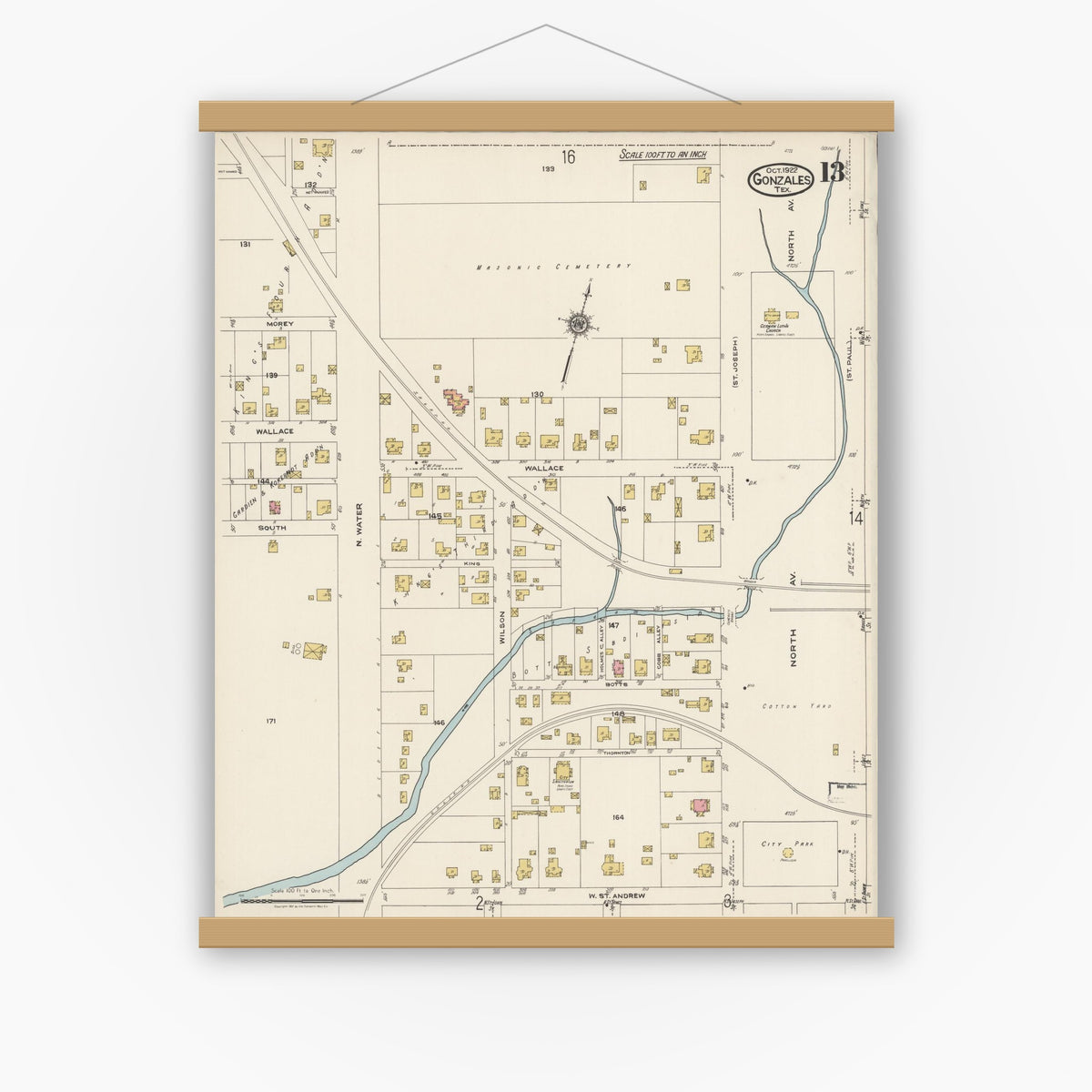 Old map wall art mockup — magnetic wood frame on white wall — Sanborn Fire Insurance Map from Gonzales, Gonzales County, Texas (1922), Sheet #0013