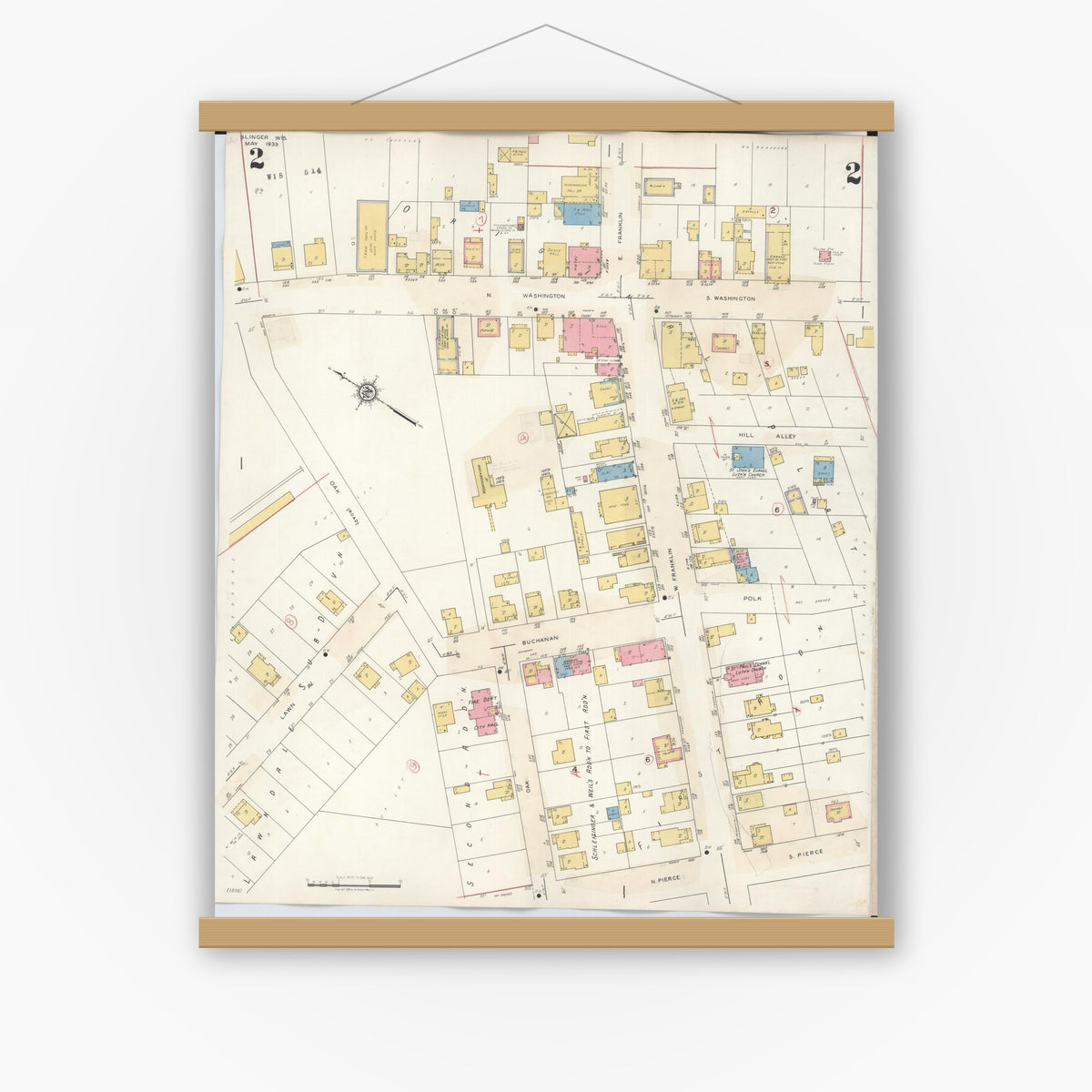 Old map wall art mockup — magnetic wood frame on white wall — Sanborn Fire Insurance Map from Slinger, Washington County, Wisconsin (1944), Sheet #0002