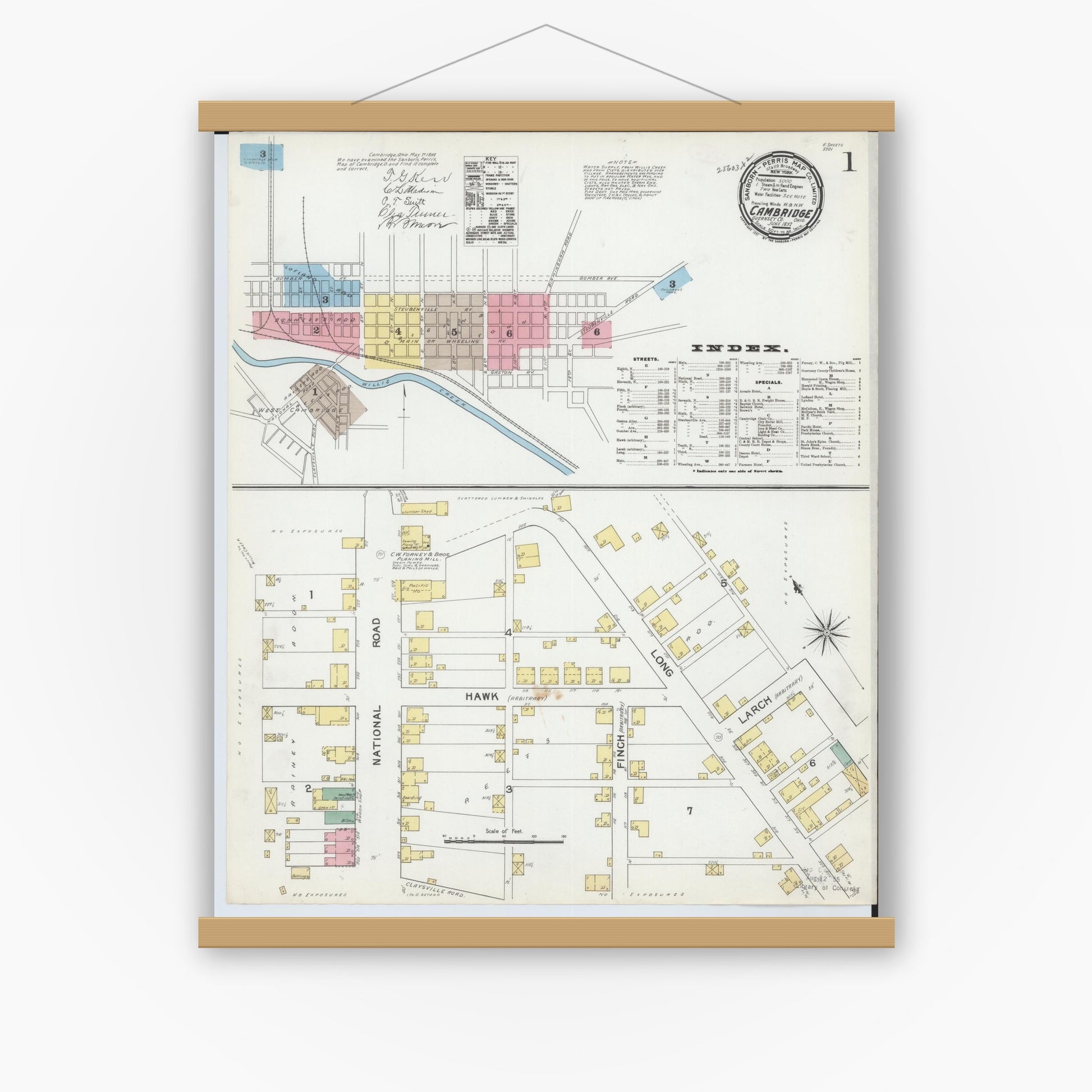 Old map wall art mockup — magnetic wood frame on white wall — Sanborn Fire Insurance Map from Cambridge, Guernsey County, Ohio (1892), Sheet #0001