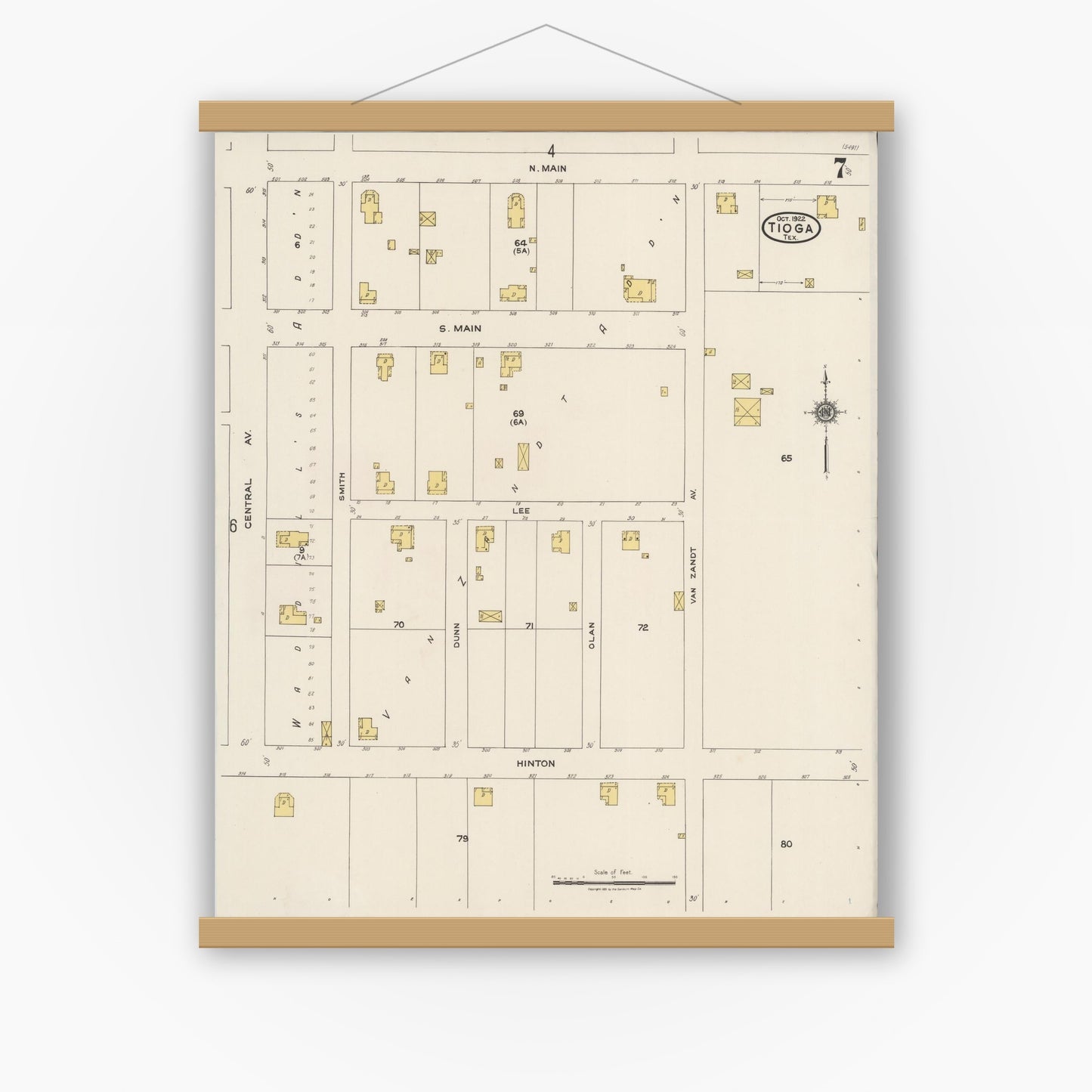 Old map wall art mockup — magnetic wood frame on white wall — Sanborn Fire Insurance Map from Tioga, Grayton County, Texas (1922), Sheet #0007