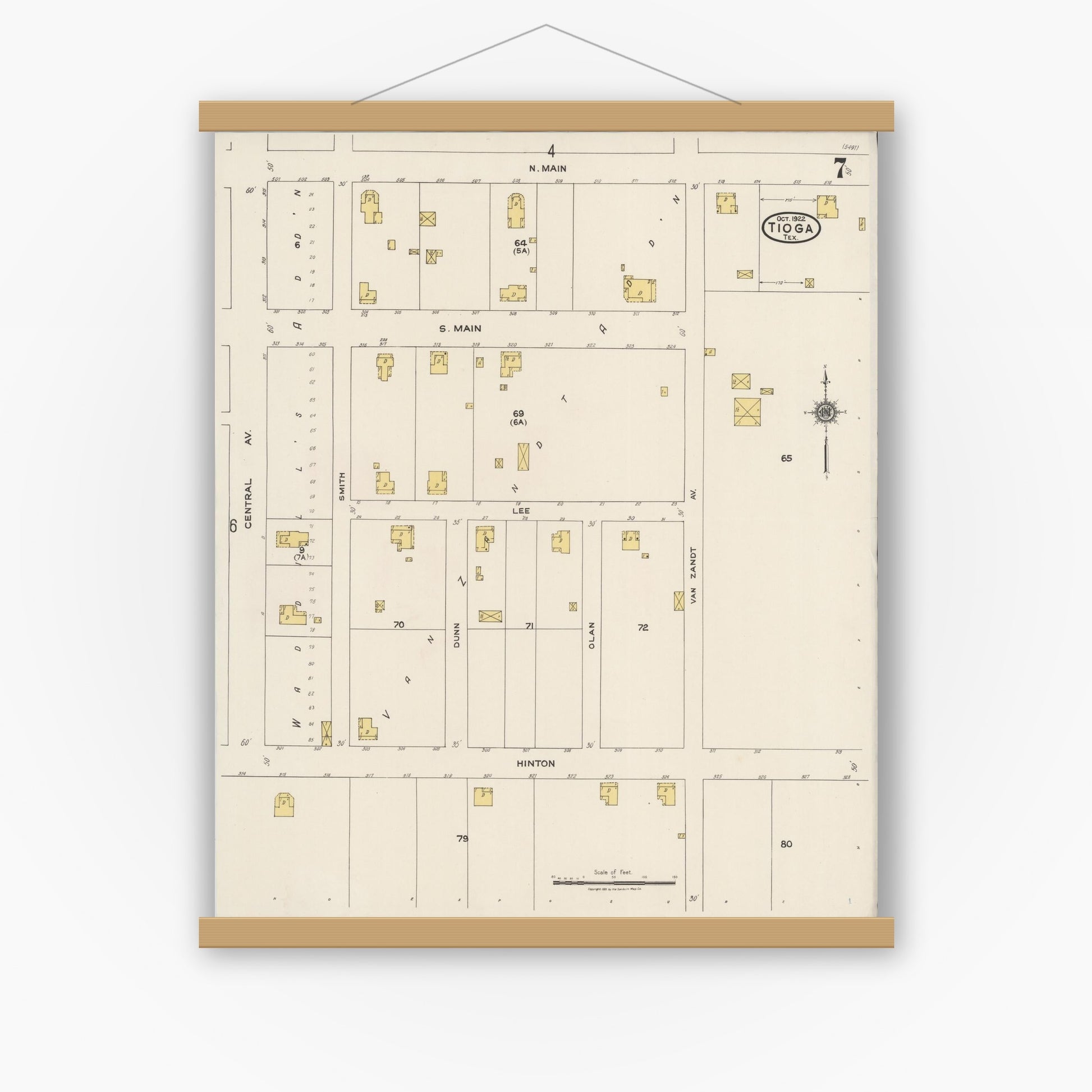 Old map wall art mockup — magnetic wood frame on white wall — Sanborn Fire Insurance Map from Tioga, Grayton County, Texas (1922), Sheet #0007