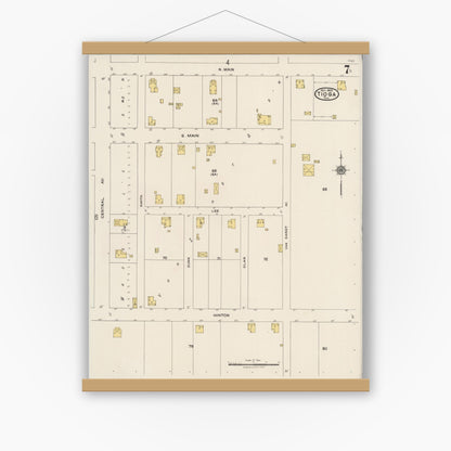 Old map wall art mockup — magnetic wood frame on white wall — Sanborn Fire Insurance Map from Tioga, Grayton County, Texas (1922), Sheet #0007