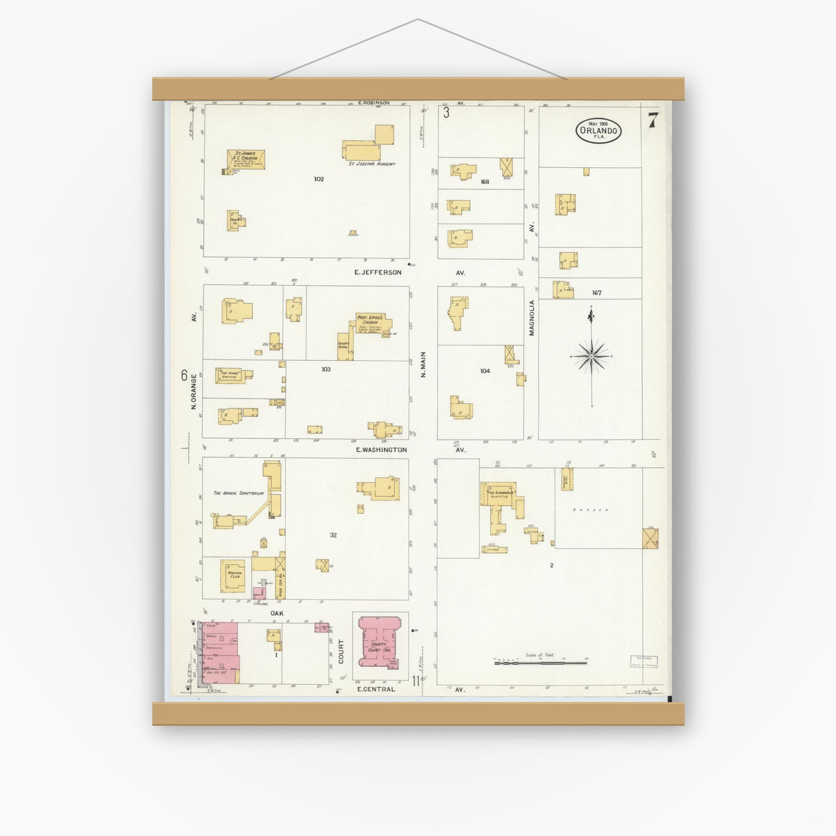 Old map wall art mockup — magnetic wood frame on white wall — Sanborn Fire Insurance Map from Orlando, Orange County, Florida (1908), Sheet #0007