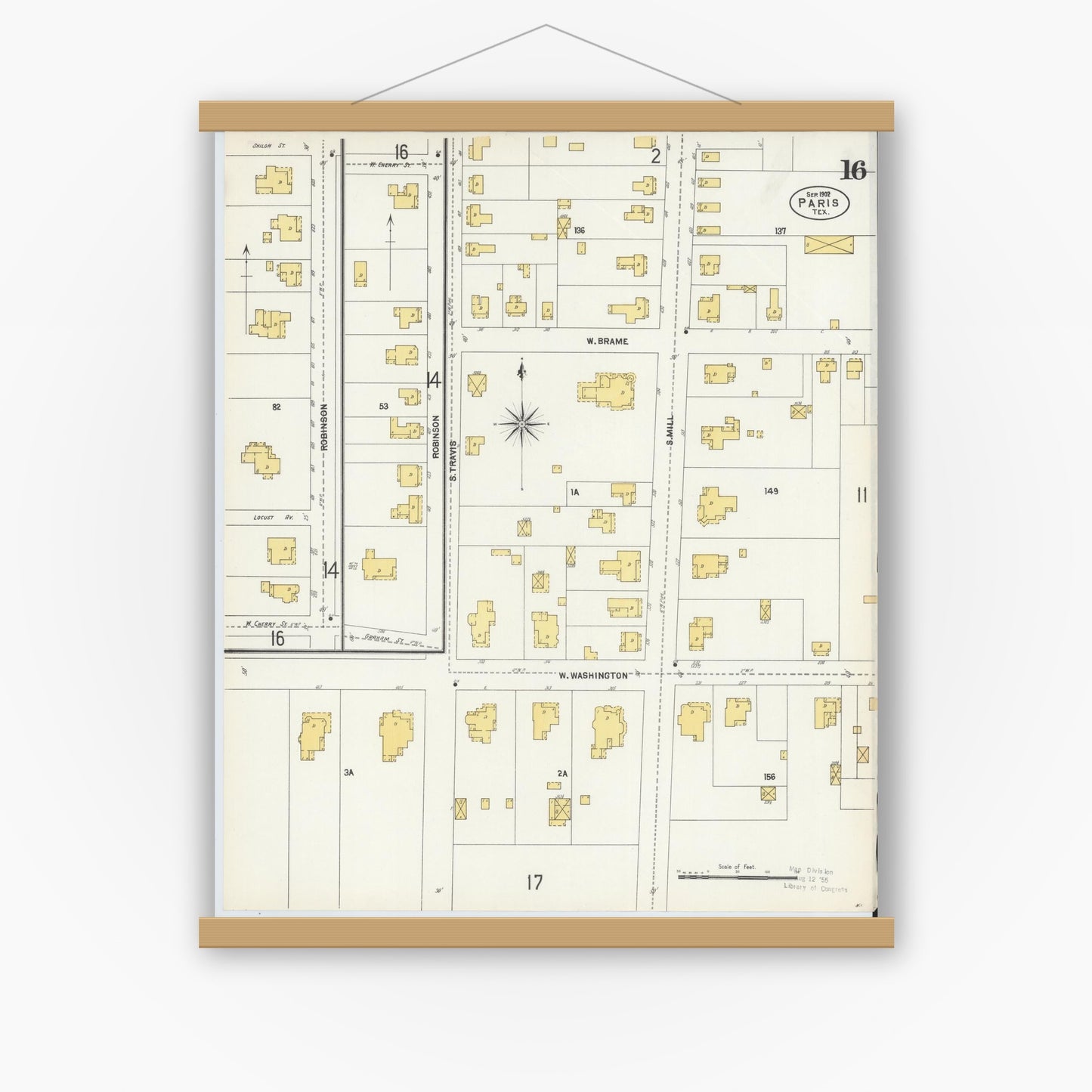 Old map wall art mockup — magnetic wood frame on white wall — Sanborn Fire Insurance Map from Paris, Lamar County, Texas (1902), Sheet #0016