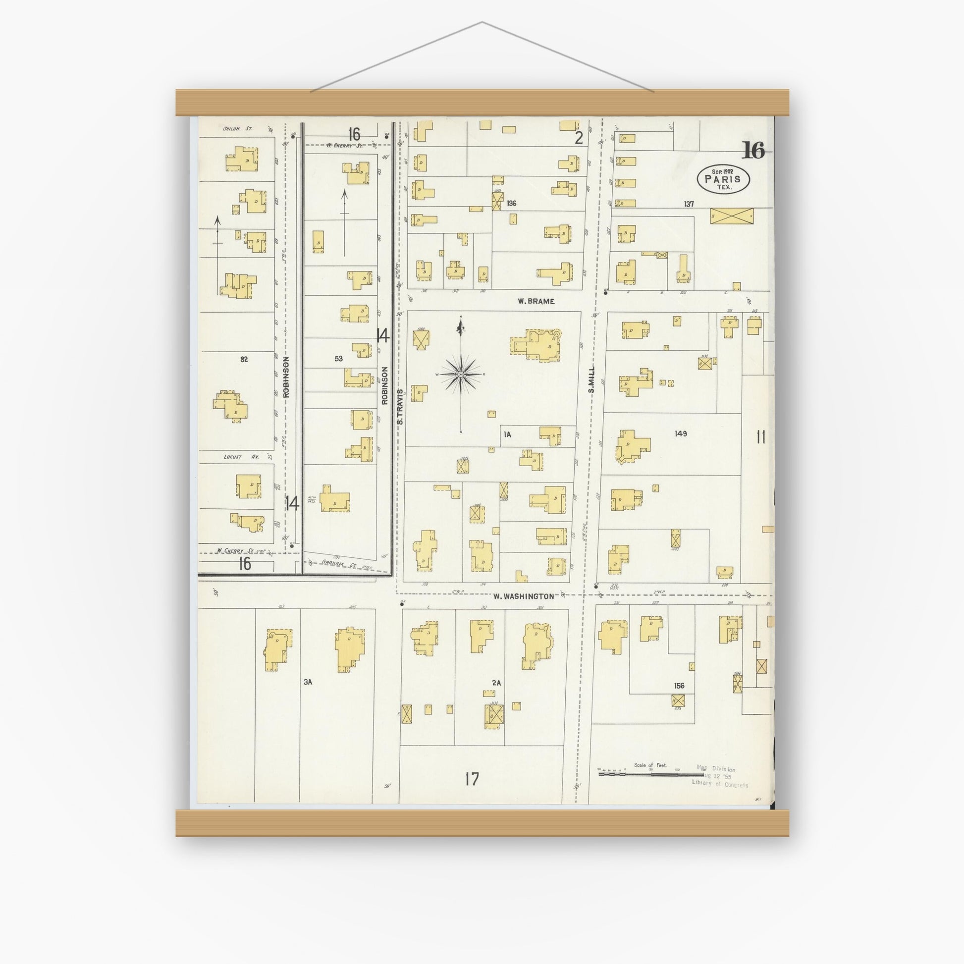 Old map wall art mockup — magnetic wood frame on white wall — Sanborn Fire Insurance Map from Paris, Lamar County, Texas (1902), Sheet #0016
