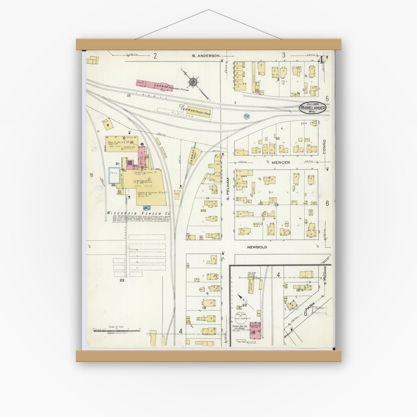Old map wall art mockup — magnetic wood frame on white wall — Sanborn Fire Insurance Map from Rhinelander, Oneida County, Wisconsin (1920), Sheet #0004