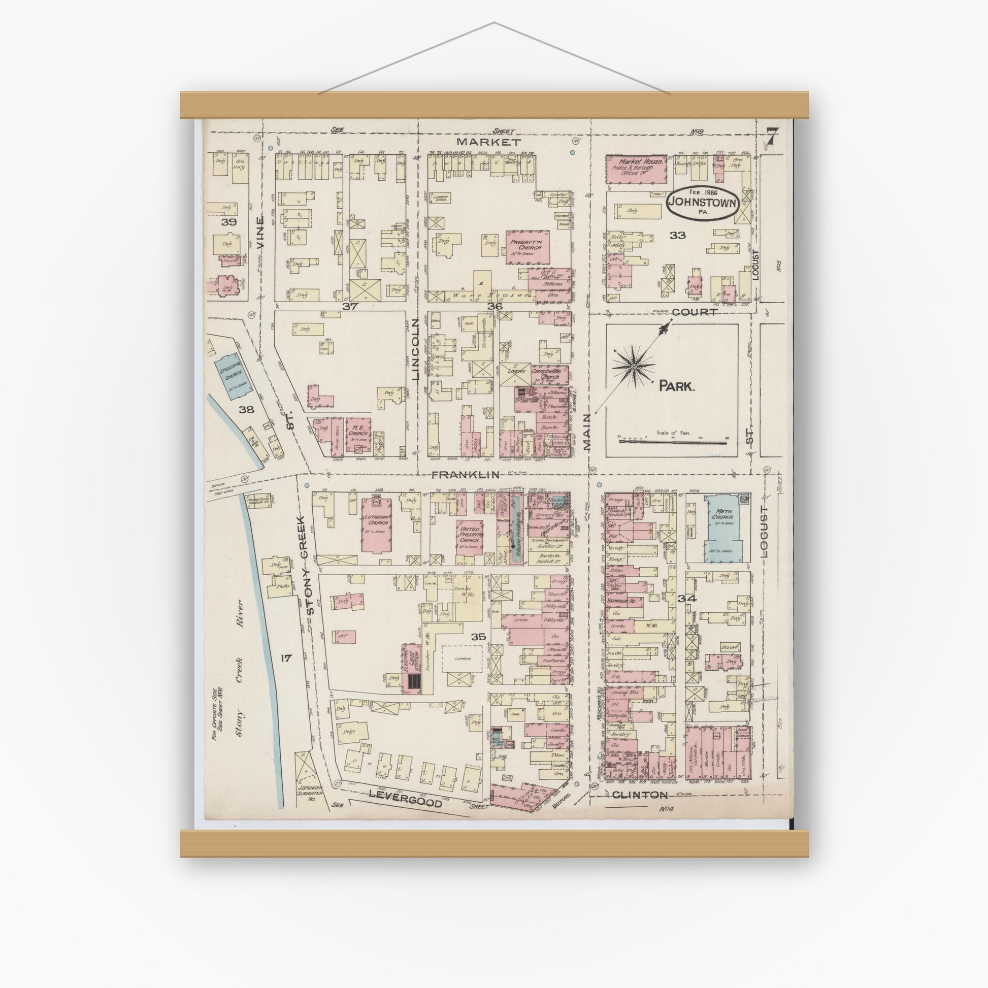 Old map wall art mockup — magnetic wood frame on white wall — Sanborn Fire Insurance Map from Johnstown, Cambria County, Pennsylvania (1886), Sheet #0007