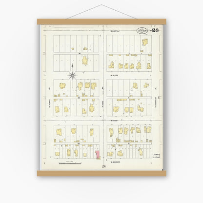 Old map wall art mockup — magnetic wood frame on white wall — Sanborn Fire Insurance Map from Denison, Grayson County, Texas (1903), Sheet #0023