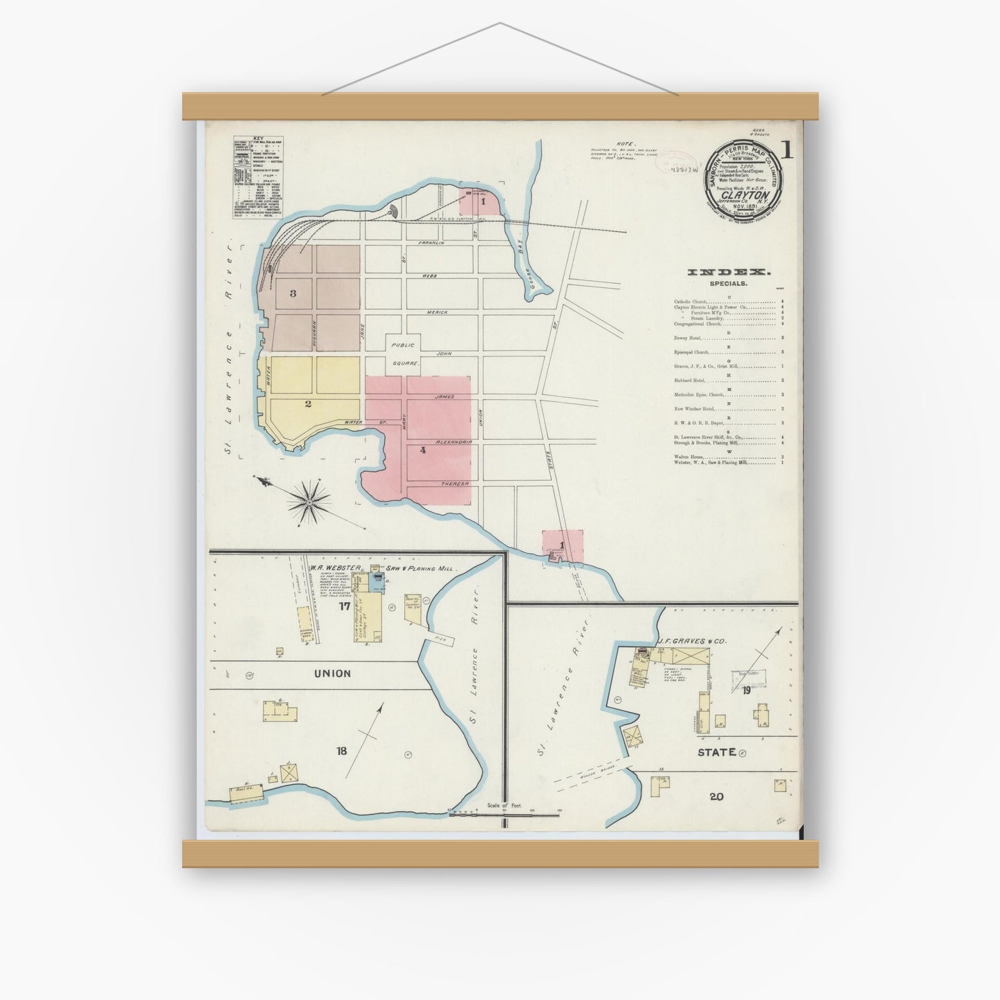 Old map wall art mockup — magnetic wood frame on white wall — Sanborn Fire Insurance Map from Clayton, Jefferson County, New York (1891) - Complete Map Set