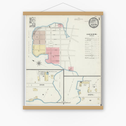 Old map wall art mockup — magnetic wood frame on white wall — Sanborn Fire Insurance Map from Clayton, Jefferson County, New York (1891) - Complete Map Set