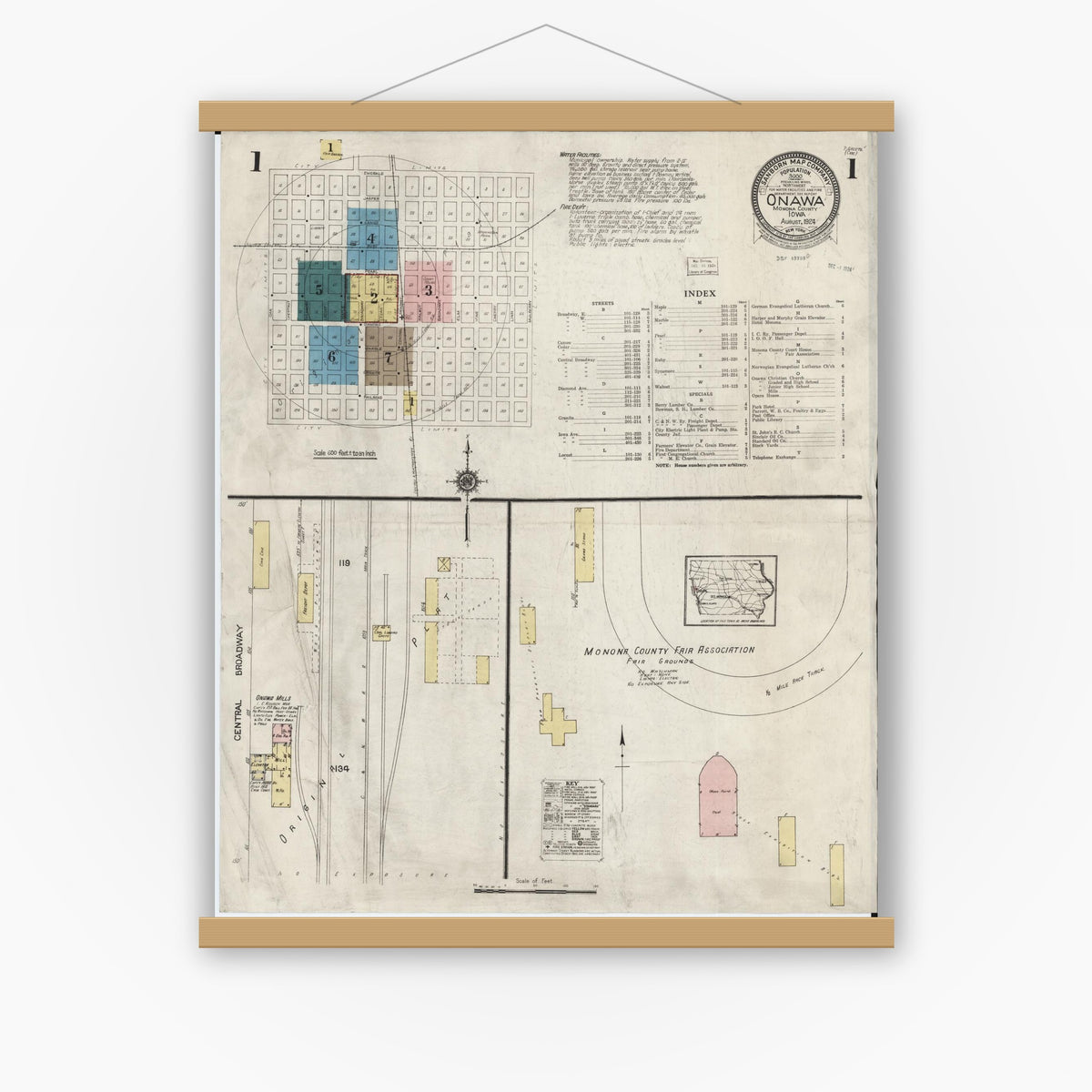Old map wall art mockup — magnetic wood frame on white wall — Sanborn Fire Insurance Map from Onawa, Monona County, Iowa (1924) â€” Complete Set