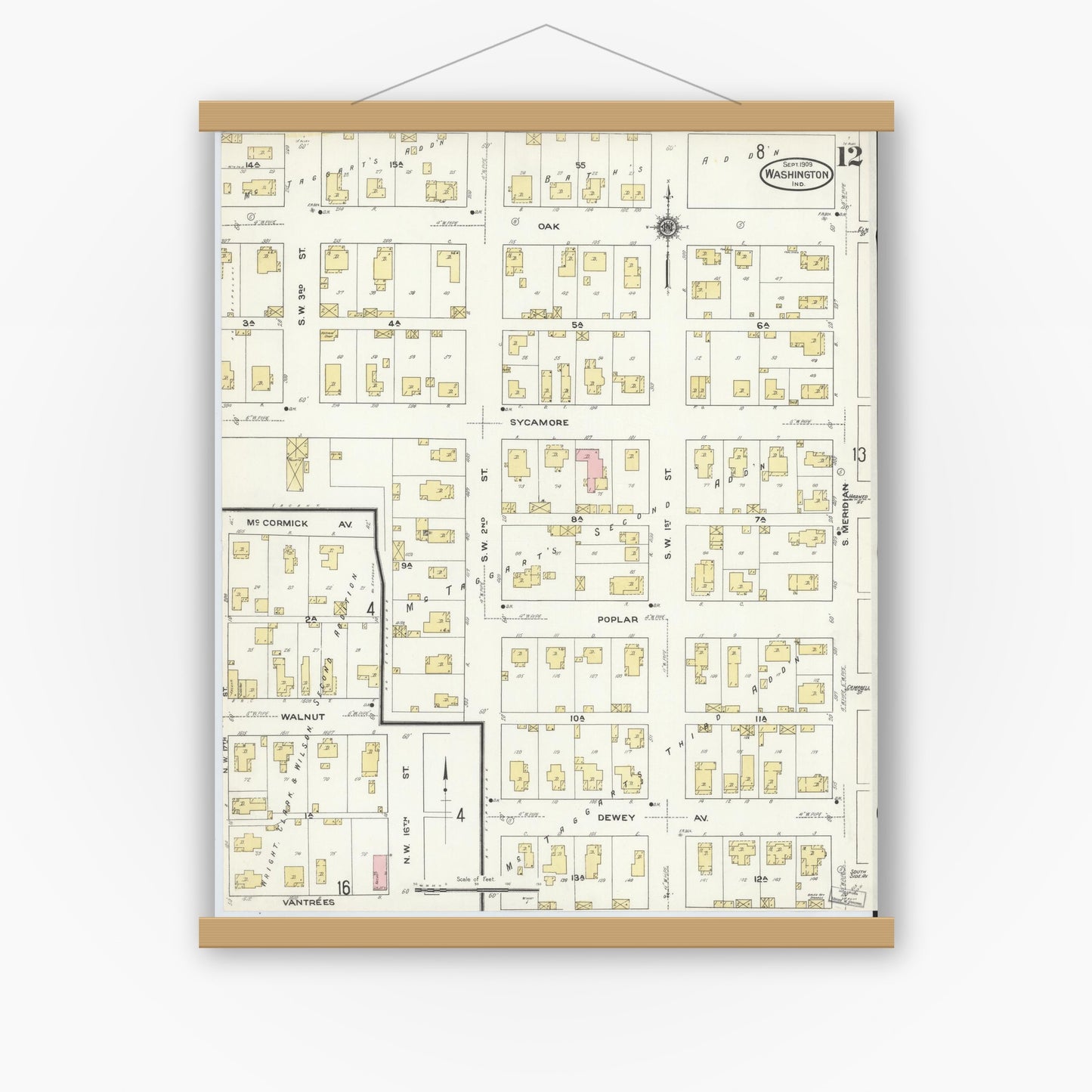 Old map wall art mockup — magnetic wood frame on white wall — Sanborn Fire Insurance Map from Washington, Daviess County, Indiana (1909), Sheet #0012