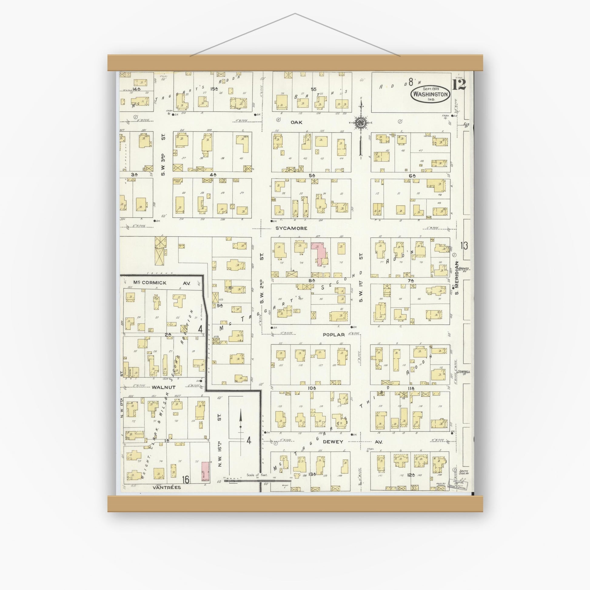 Old map wall art mockup — magnetic wood frame on white wall — Sanborn Fire Insurance Map from Washington, Daviess County, Indiana (1909), Sheet #0012