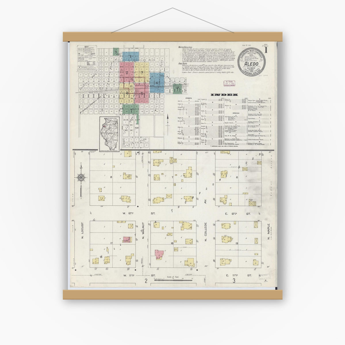 Old map wall art mockup — magnetic wood frame on white wall — Sanborn Fire Insurance Map from Aledo, Mercer County, Illinois (1913) - Complete Map Set