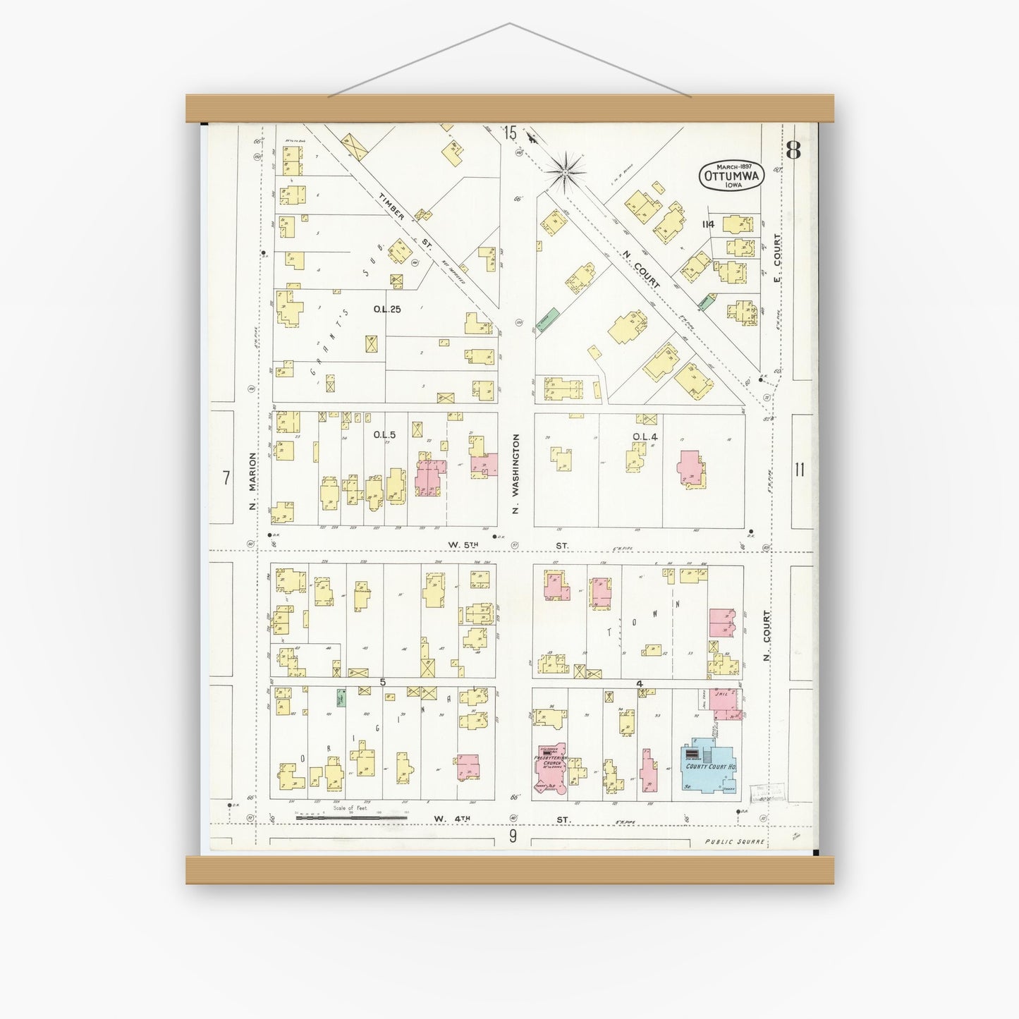 Old map wall art mockup — magnetic wood frame on white wall — Sanborn Fire Insurance Map from Ottumwa, Wapello County, Iowa (1897), Sheet #0008