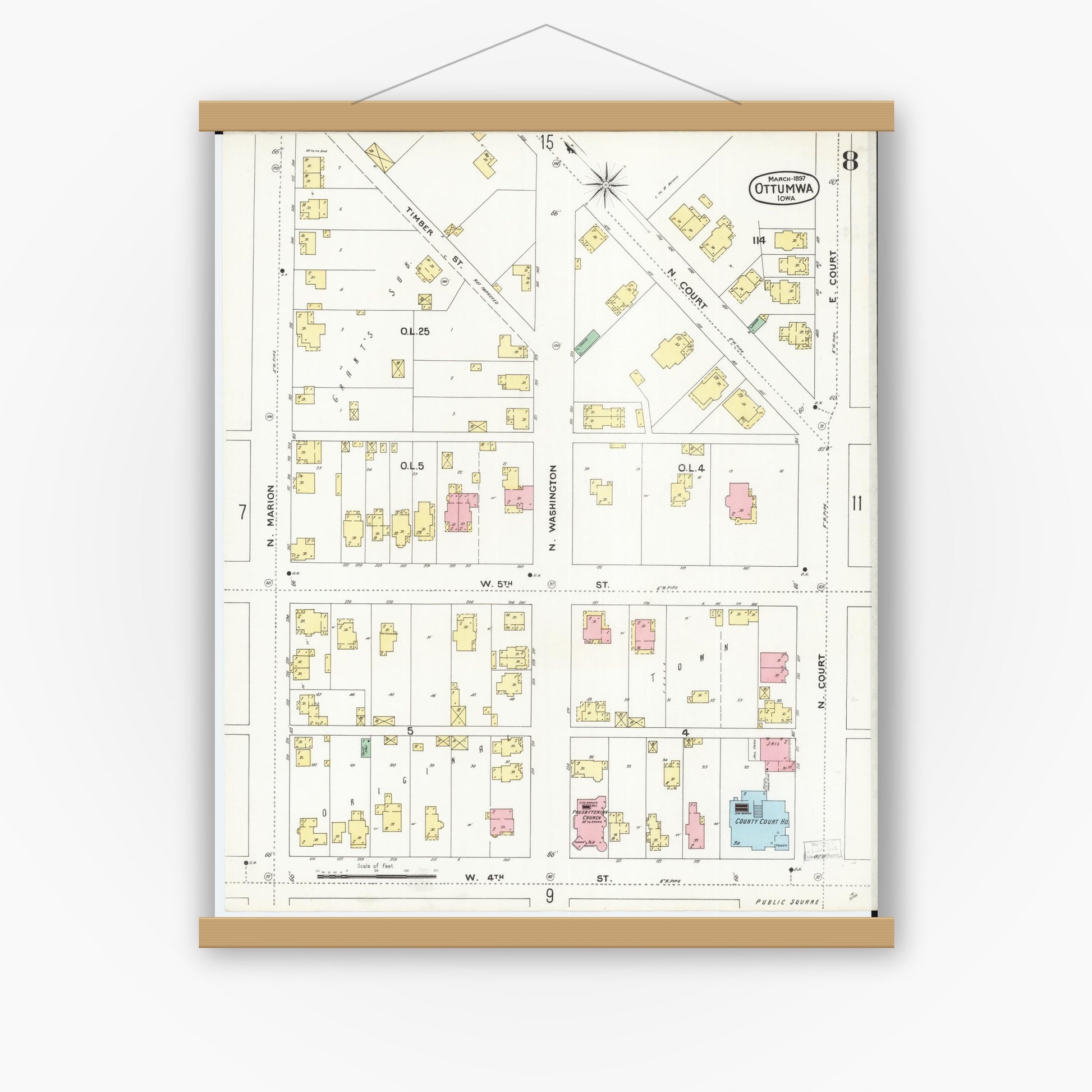Old map wall art mockup — magnetic wood frame on white wall — Sanborn Fire Insurance Map from Ottumwa, Wapello County, Iowa (1897), Sheet #0008