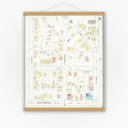 Old map wall art mockup — magnetic wood frame on white wall — Sanborn Fire Insurance Map from Ottumwa, Wapello County, Iowa (1897), Sheet #0008