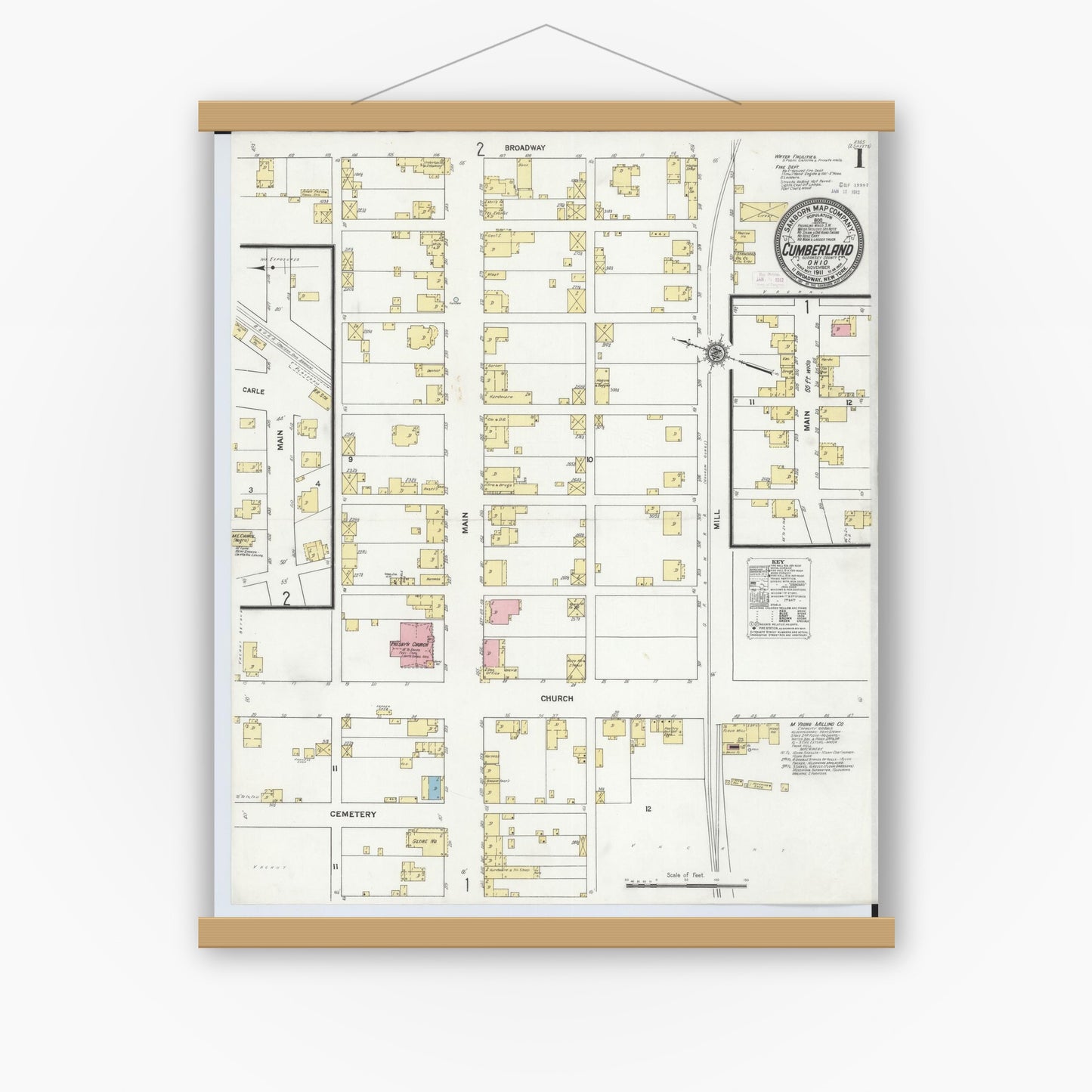 Old map wall art mockup — magnetic wood frame on white wall — Sanborn Fire Insurance Map from Cumberland, Guernsey County, Ohio (1911) - Complete Map Set