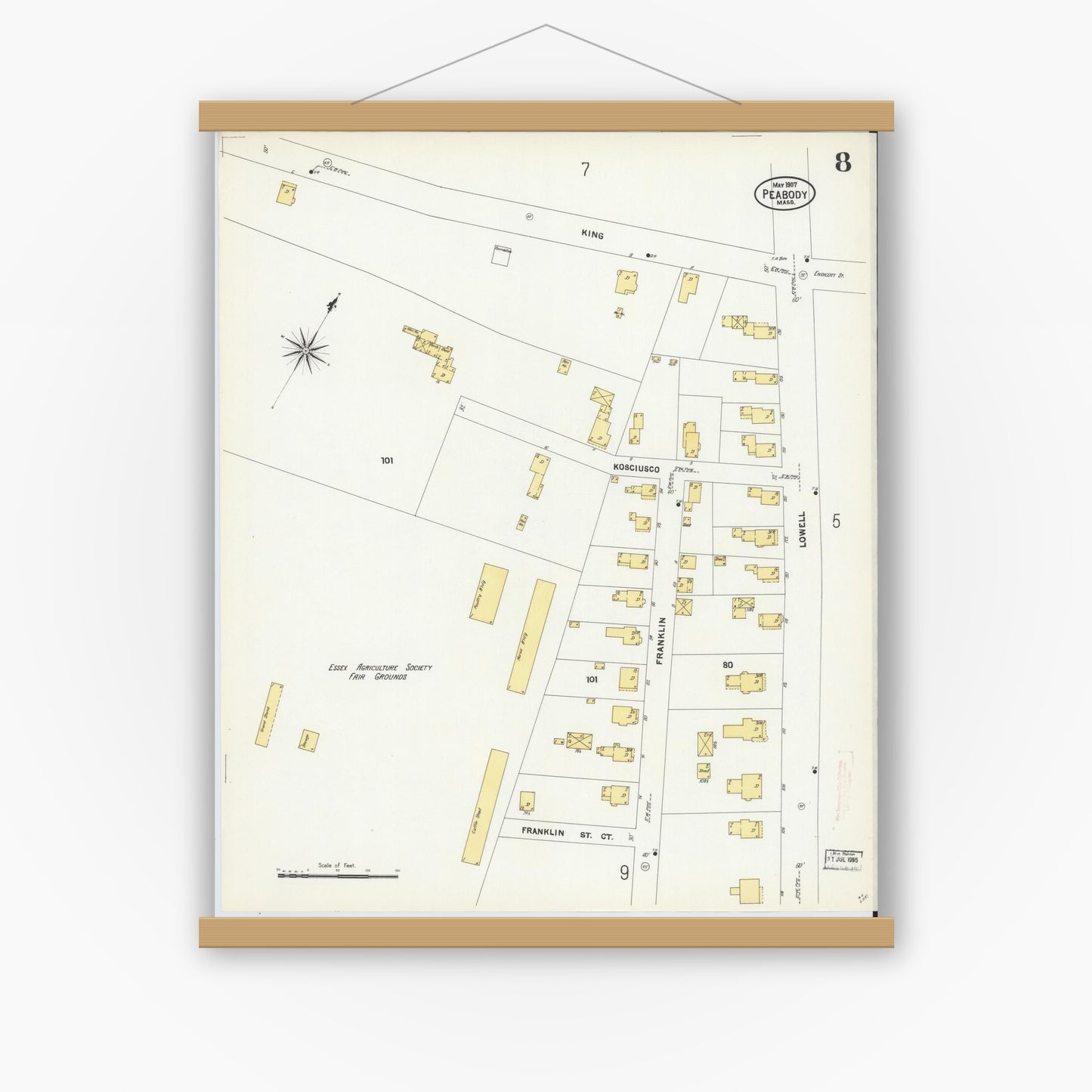 Old map wall art mockup — magnetic wood frame on white wall — Sanborn Fire Insurance Map from Peabody, Essex County, Massachusetts (1907), Sheet #0008